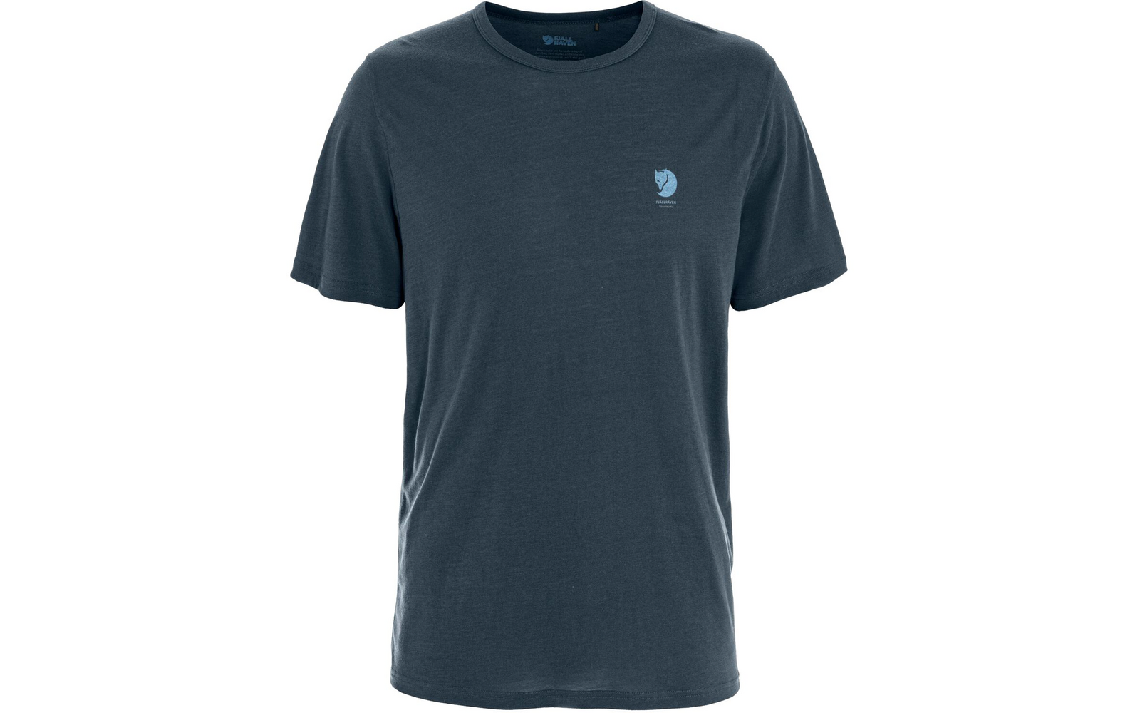 Camiseta gris oscuro con cuello redondo y mangas cortas, pequeño logotipo azul claro en el pecho izquierdo