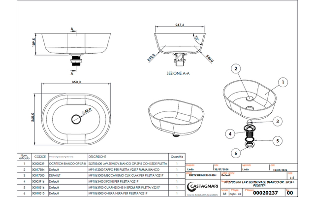 Disegno tecnico di una ciotola ovale con viste frontale, laterale e dall'alto, sezione A-A, vista esplosa con parti numerate, quote e tabella dei codici
