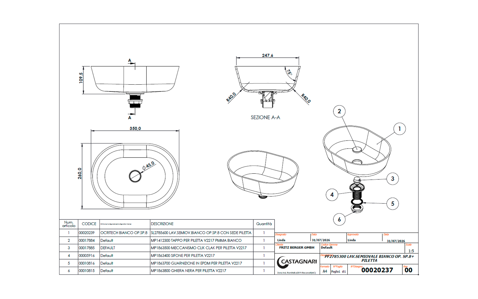 Disegno tecnico di una ciotola ovale con viste frontale, laterale e dall'alto, sezione A-A, vista esplosa con parti numerate, quote e tabella dei codici