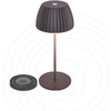 Tischlampe mit geripptem dunklem Schirm, dünnem Ständer und runder Basis; daneben eine flache, runde Scheibe