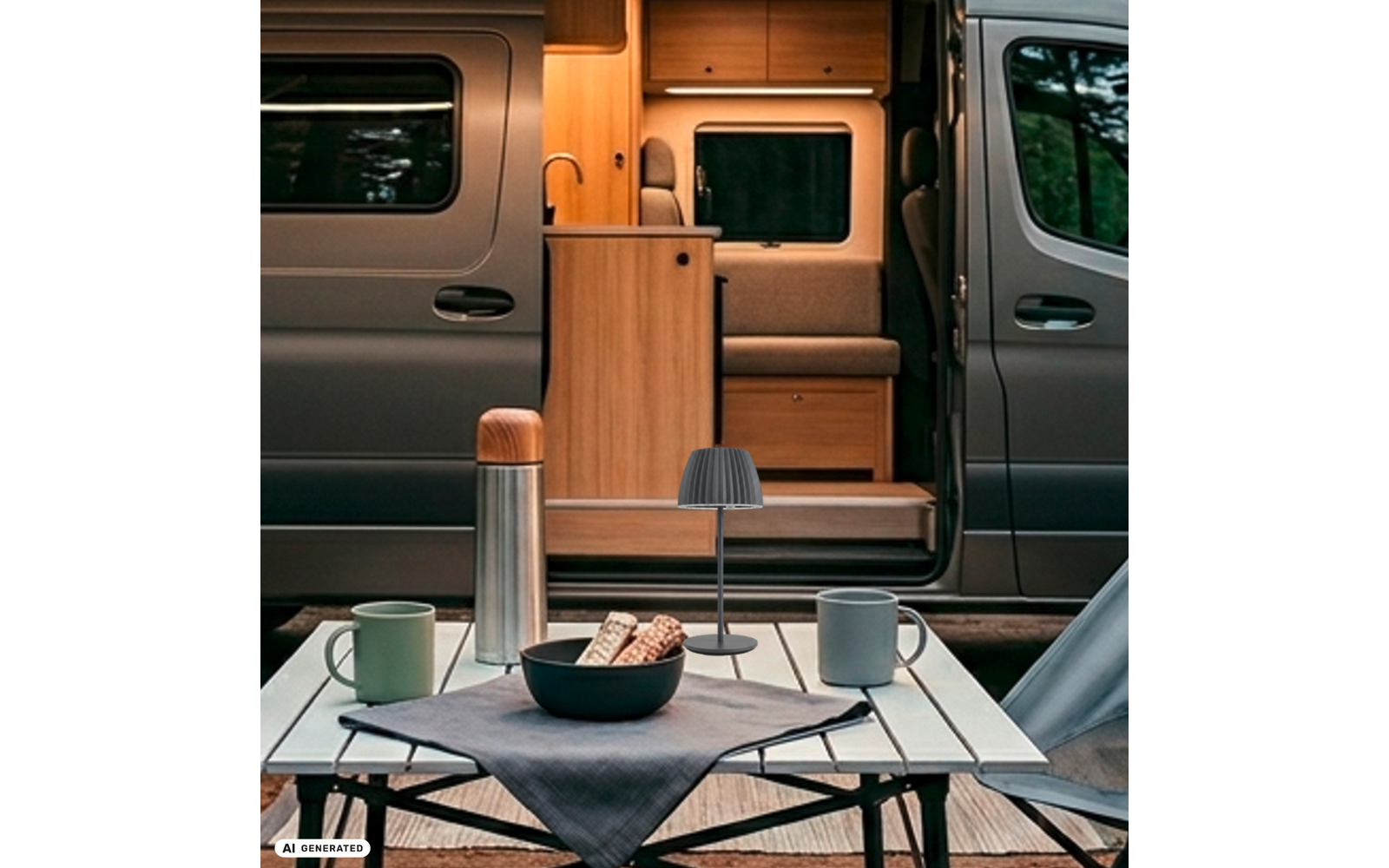 Offener Campingbus mit sichtbarem Holzinnenausbau; davor Klapptisch mit Thermoskanne, Schale mit Keksen, zwei Tassen und kleiner Lampe