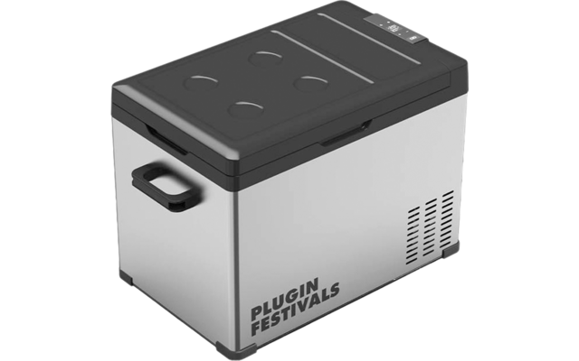 Glacière portable grise et noire avec poignée et texte Plugin Festivals