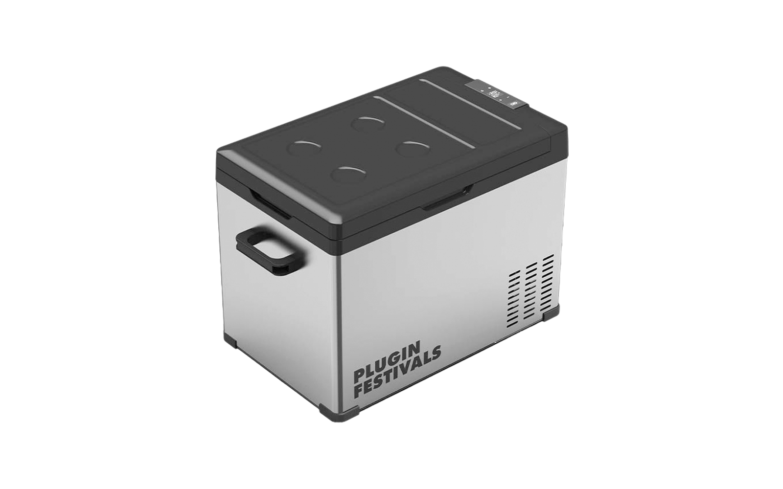 Glacière portable grise et noire avec poignée et texte Plugin Festivals