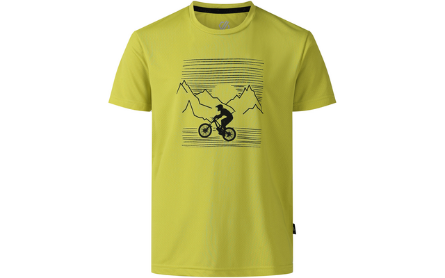 Hellgrünes Kurzarm-T-Shirt mit rundem Halsausschnitt, Vorderseite mit schwarzem Druck: Silhouette eines Radfahrers auf einem Fahrrad vor stilisierten Bergumrissen und waagerechten Linien; schwarzer Innenkragenstreifen und kleines Seitenschild