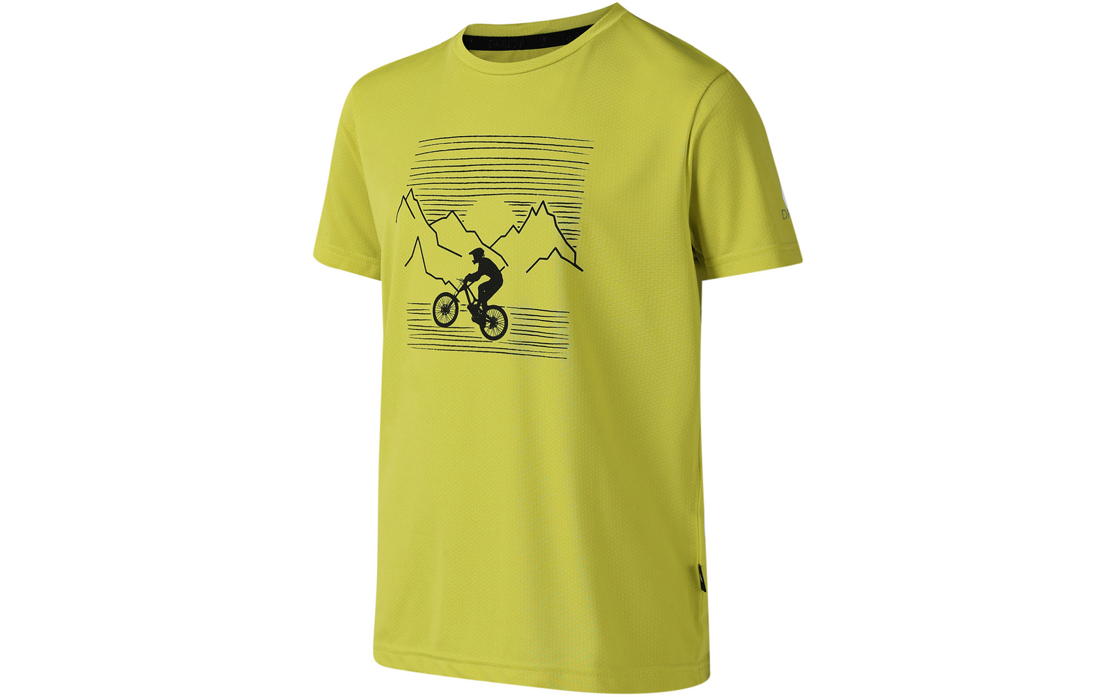 Gelbgrünes kurzärmeliges T‑Shirt mit schwarzer Grafik: Bergsilhouetten, waagerechte Linien und Silhouette eines Radfahrers auf einem Fahrrad