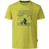 Hellgrünes Kurzarm-T-Shirt mit rundem Halsausschnitt, Vorderseite mit schwarzem Druck: Silhouette eines Radfahrers auf einem Fahrrad vor stilisierten Bergumrissen und waagerechten Linien; schwarzer Innenkragenstreifen und kleines Seitenschild