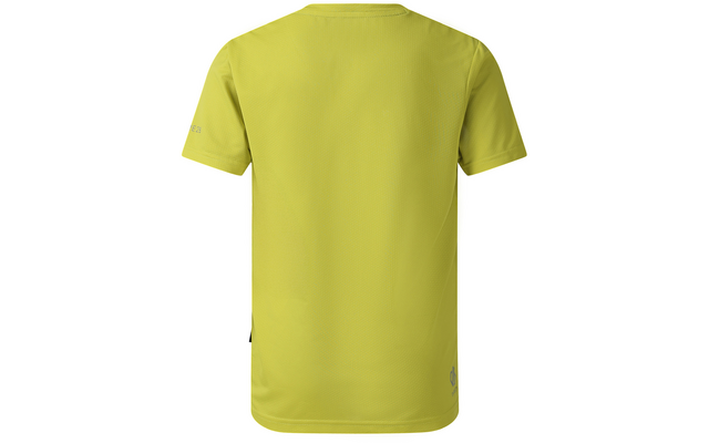 Rückansicht eines einfarbigen kurzärmligen T-Shirts in gelbgrüner Farbe mit Rundhalsausschnitt, kleinem Logo unten rechts auf dem Rücken und kleinem Etikett an der linken Seitennaht