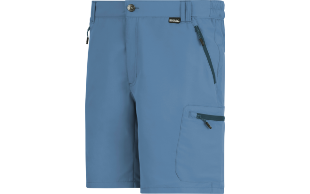 Hellblaue knielange Shorts mit Bund, Knopf, Reißverschluss und zwei Reißverschlusstaschen an der rechten Seite