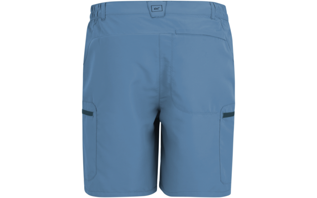 Rückansicht einer hellblauen kurzen Hose mit Bund, zwei aufgesetzten Gesäßtaschen und zwei seitlichen Taschen mit dunklen Einsätzen