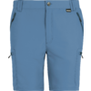 Hellblaue kurze Shorts mit Bund, Knopfverschluss und sichtbarer Schrittnaht, Gürtelschlaufen, zwei schräge Reißverschlusstaschen vorn, je eine Reißverschluss-Cargotasche an den Oberschenkeln, kleines rechteckiges Markenetikett vorn am Bund