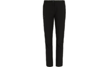 Pantalon long noir, coupe droite, taille avec passants pour ceinture, poches avant zippées et poche zippée sur la cuisse, coutures visibles aux genoux