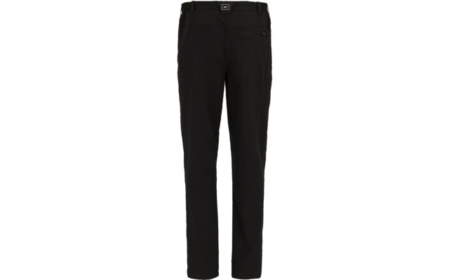 Schwarze Hose, Vorderansicht, Bund mit Gürtelschlaufen und mittigem Markenetikett, Reißverschlusstasche am rechten Oberschenkel, sichtbare Nahtlinien an den Knien, schmal zulaufende Beine