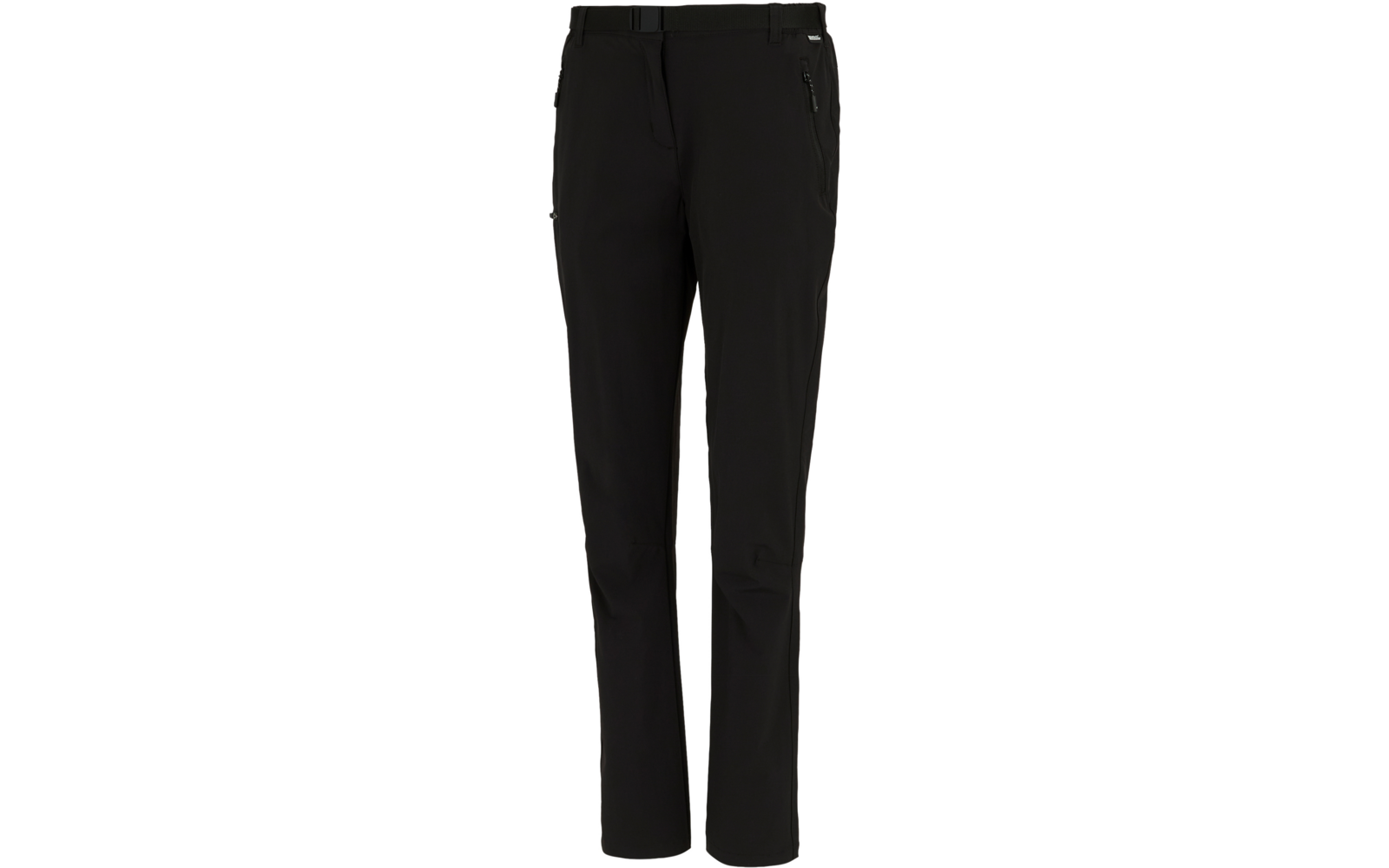 Schwarze lange Hose auf weißem Hintergrund mit Bund, Gürtelschlaufen, Reißverschluss und seitlichen Taschen