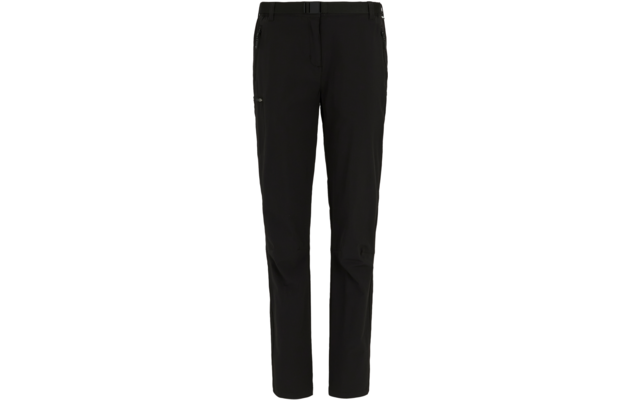 Schwarze lange Hose, gerader Schnitt, Bund mit Gürtelschlaufen, vordere Reißverschlusstaschen und Reißverschluss an einer Oberschenkeltasche, sichtbare Nähte an den Knien