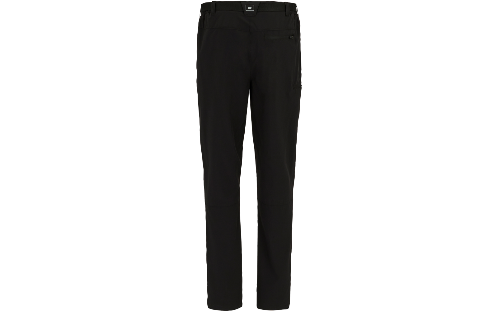 Schwarze Hose, Vorderansicht, Bund mit Gürtelschlaufen und mittigem Markenetikett, Reißverschlusstasche am rechten Oberschenkel, sichtbare Nahtlinien an den Knien, schmal zulaufende Beine