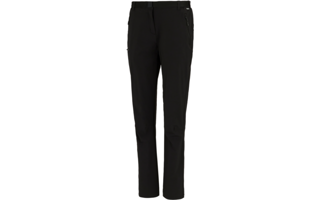 Schwarze lange Hose auf weißem Hintergrund mit Bund, Gürtelschlaufen, Reißverschluss und seitlichen Taschen