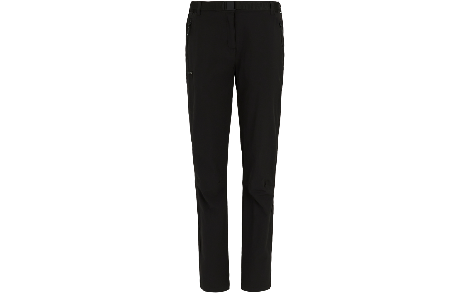 Schwarze lange Hose, gerader Schnitt, Bund mit Gürtelschlaufen, vordere Reißverschlusstaschen und Reißverschluss an einer Oberschenkeltasche, sichtbare Nähte an den Knien