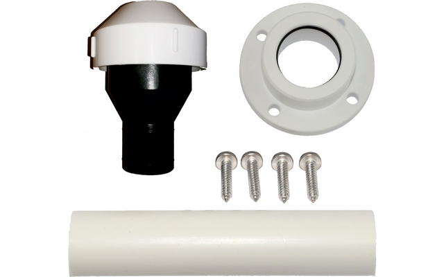 Four-piece installation set with a white plastic pipe length, a black and white bracket, a white round flange, and four silver screws