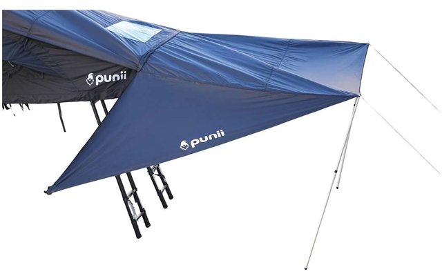 Auvent triangulaire en tissu bleu avec logo blanc 'punii', deux sections d'échelle visibles en dessous, tiges de support métalliques et cordes de hauban, fond blanc