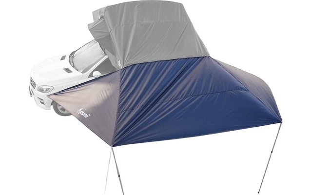 Auvent bleu et gris fixé sur le côté d'une voiture blanche, soutenu par deux poteaux métalliques visibles