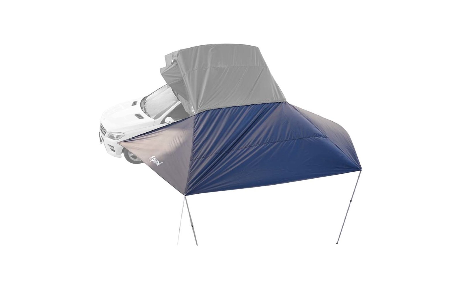 Auvent bleu et gris fixé sur le côté d'une voiture blanche, soutenu par deux poteaux métalliques visibles