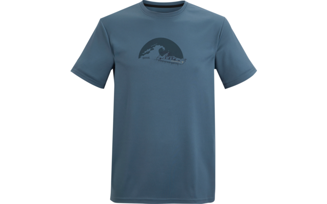 Blaues Kurzarm-T-Shirt mit Rundhalsausschnitt und dunklem Brustaufdruck: halbkreisförmige Wellenform links und kleines Boot rechts