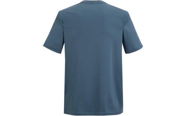 Rückenansicht eines kurzärmligen blauen T‑Shirts auf weißem Hintergrund