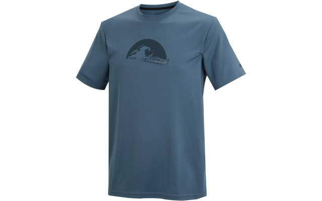 Blaues T‑Shirt mit Rundhalsausschnitt und kurzen Ärmeln, mittig auf der Brust dunkles halbrundes Motiv mit Silhouette eines Bootes