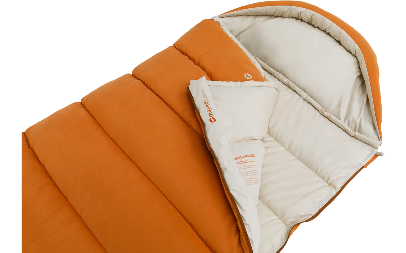 Oranger Schlafsack mit hellbeigem Innenfutter, teilweise geöffnet