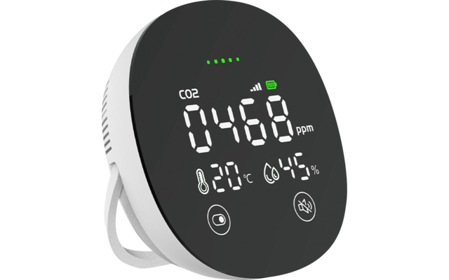 Schwarzes ovales Display eines weißen Geräts, zeigt 'CO2 0468 ppm', '20°C', '45%', Batterie- und Signalicons, drei grüne Punkte oben und zwei Touchsymbole unten