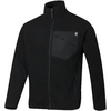 Schwarze Fleecejacke mit durchgehendem Reißverschluss, Stehkragen, linker Brusttasche mit Reißverschluss, zwei seitlichen Reißverschlusstaschen und kleinem weißen Logo auf der Brusttasche