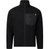 Schwarze Fleecejacke, Vorderansicht, durchgehender Reißverschluss, Stehkragen, lange Ärmel, Brusttasche mit Reißverschluss links, kleines weißes Logo