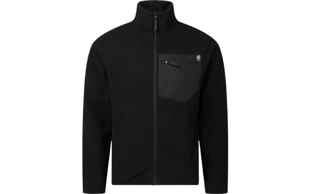 Schwarze Fleecejacke, Vorderansicht, durchgehender Reißverschluss, Stehkragen, lange Ärmel, Brusttasche mit Reißverschluss links, kleines weißes Logo