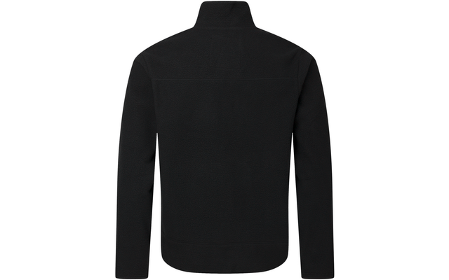 Schwarze Fleecejacke von hinten, Stehkragen, lange Ärmel, leicht gerundeter Saum