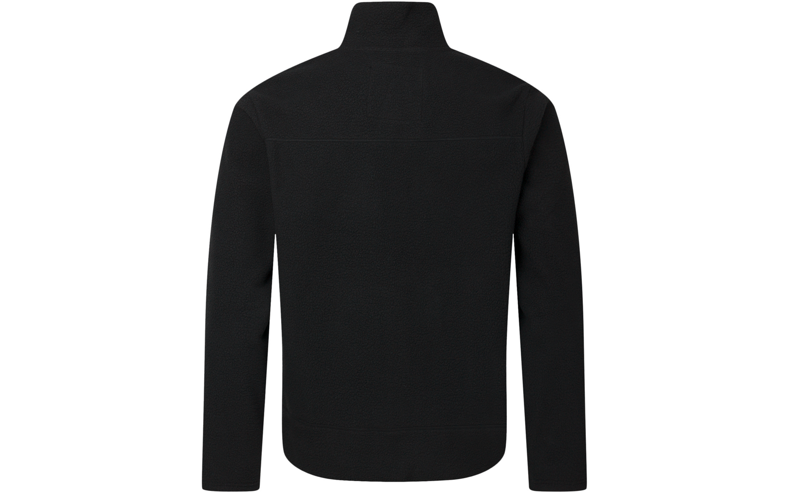 Schwarze Fleecejacke von hinten, Stehkragen, lange Ärmel, leicht gerundeter Saum