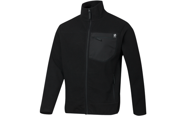 Schwarze Fleecejacke mit durchgehendem Reißverschluss, Stehkragen, linker Brusttasche mit Reißverschluss, zwei seitlichen Reißverschlusstaschen und kleinem weißen Logo auf der Brusttasche