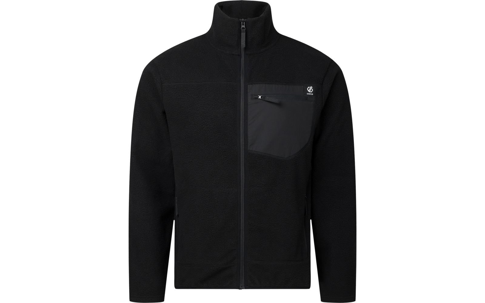 Schwarze Fleecejacke, Vorderansicht, durchgehender Reißverschluss, Stehkragen, lange Ärmel, Brusttasche mit Reißverschluss links, kleines weißes Logo