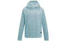 Hellblauer melierter Kapuzenpullover mit langen Ärmeln, Kordelzügen an der Kapuze und kleinem schwarzen Label am Saum