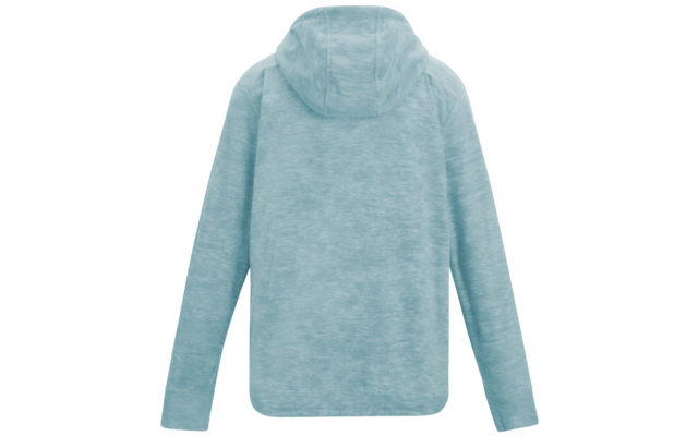 Rückansicht eines hellblauen Kapuzenpullovers mit langen Ärmeln