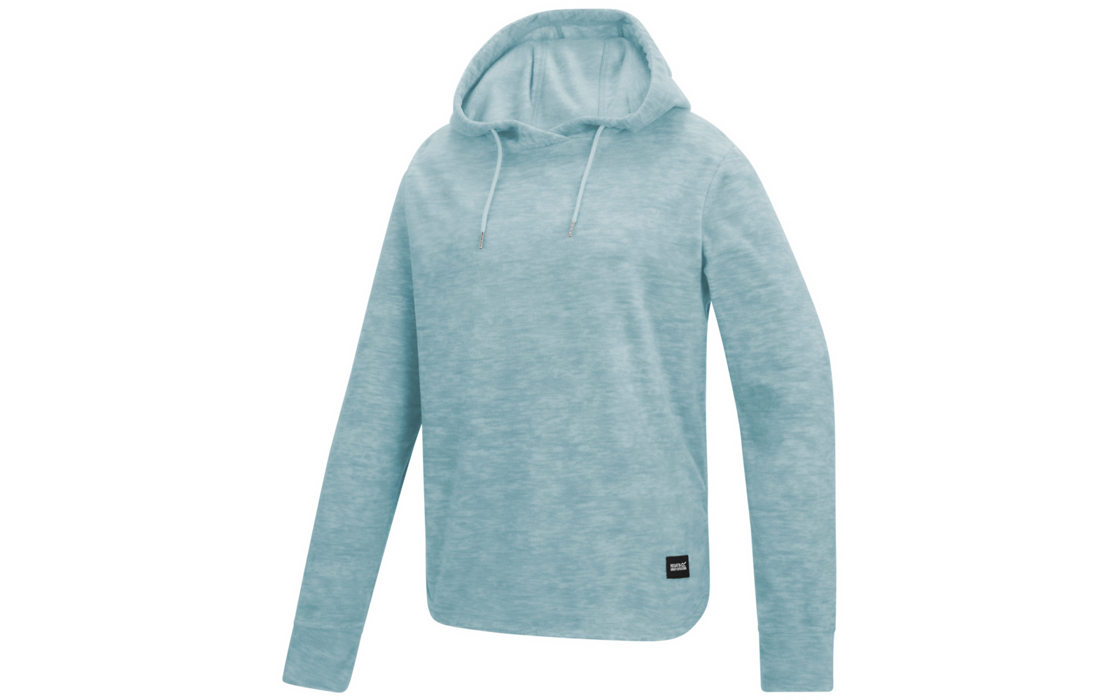 Hellblauer, melierter Kapuzenpullover mit Kordelzug, langen Ärmeln und kleinem schwarzem Etikett am Saum