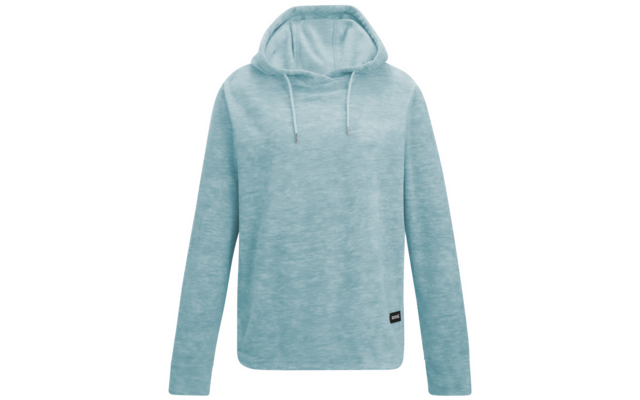 Hellblauer melierter Kapuzenpullover mit langen Ärmeln, Kordelzügen an der Kapuze und kleinem schwarzen Label am Saum