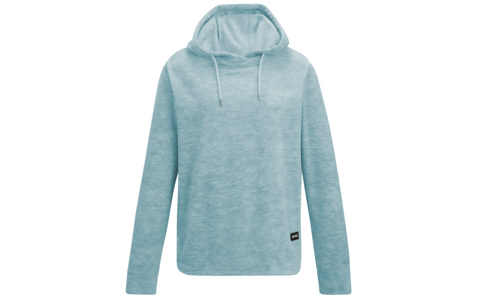 Hellblauer melierter Kapuzenpullover mit langen Ärmeln, Kordelzügen an der Kapuze und kleinem schwarzen Label am Saum