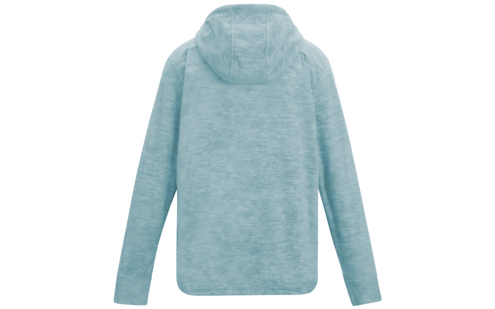 Rückansicht eines hellblauen Kapuzenpullovers mit langen Ärmeln