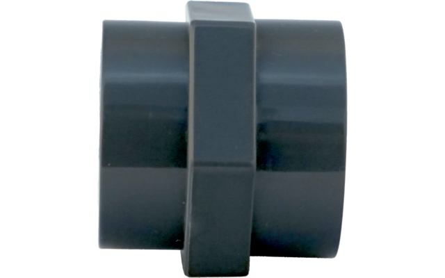 Dunkelgraues kurzes zylindrisches Kunststoffobjekt mit mittigem sechseckigem Vorsprung