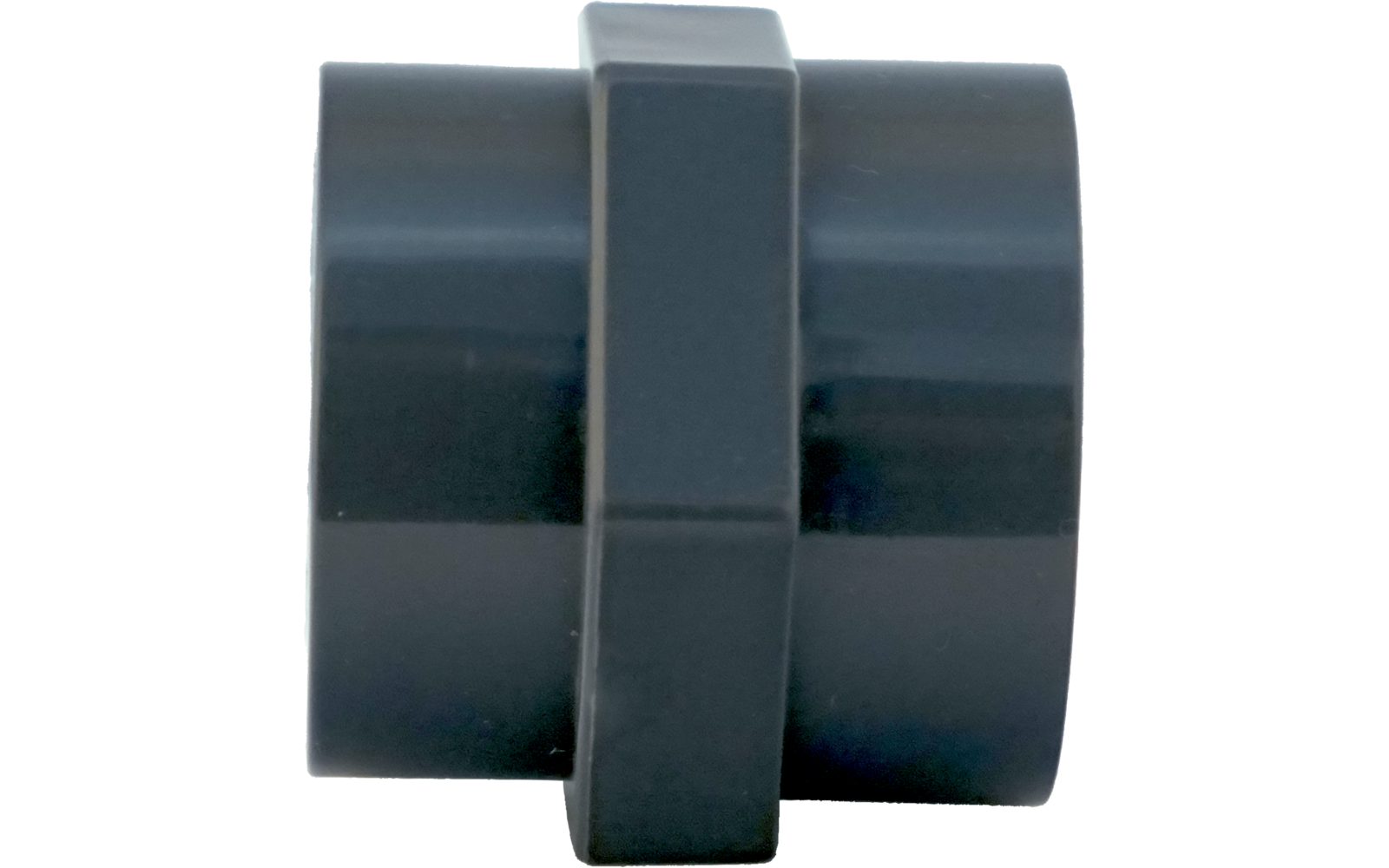 Dunkelgraues kurzes zylindrisches Kunststoffobjekt mit mittigem sechseckigem Vorsprung