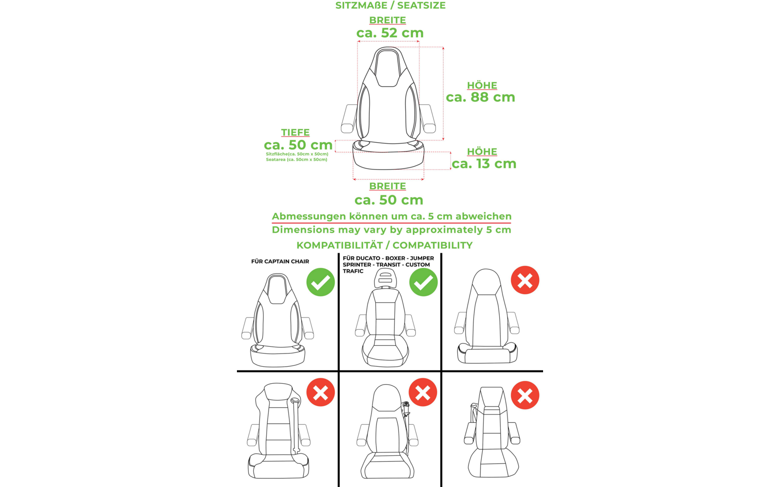 Schéma avec instructions pour l'utilisation correcte et incorrecte d'un siège auto pour enfant à l'arrière avec mesures et avertissements