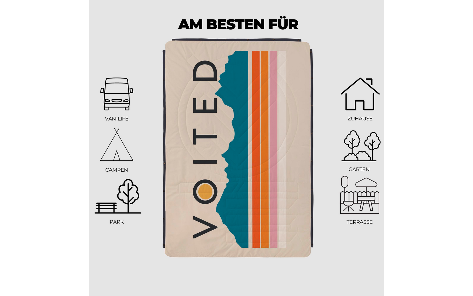 Beige gefaltete Decke auf hellgrauem Hintergrund mit vertikalem Text 'VOITED', einer türkisfarbenen unregelmäßigen Form und fünf senkrechten Streifen in Türkis, Orange, Rot und Rosa; darüber schwarzer Text 'AM BESTEN FÜR' und links und rechts sechs s