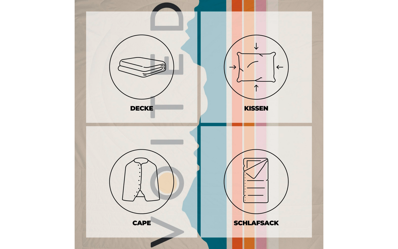 Vier weiße Felder mit kreisförmigen Piktogrammen: oben links Decke, oben rechts Kissen, unten links Cape, unten rechts Schlafsack; beiger Hintergrund mit blauen und orangefarbenen vertikalen Streifen