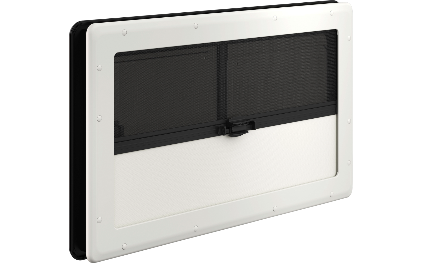 Marco rectangular blanco con inserto negro de dos partes y cierre central sobre fondo blanco