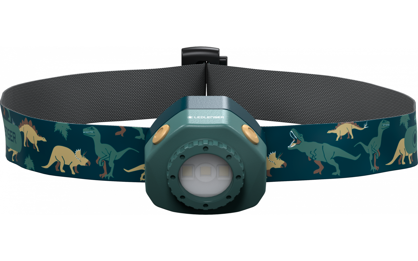 Kopflampe mit blauem Stirnband und Dinomuster